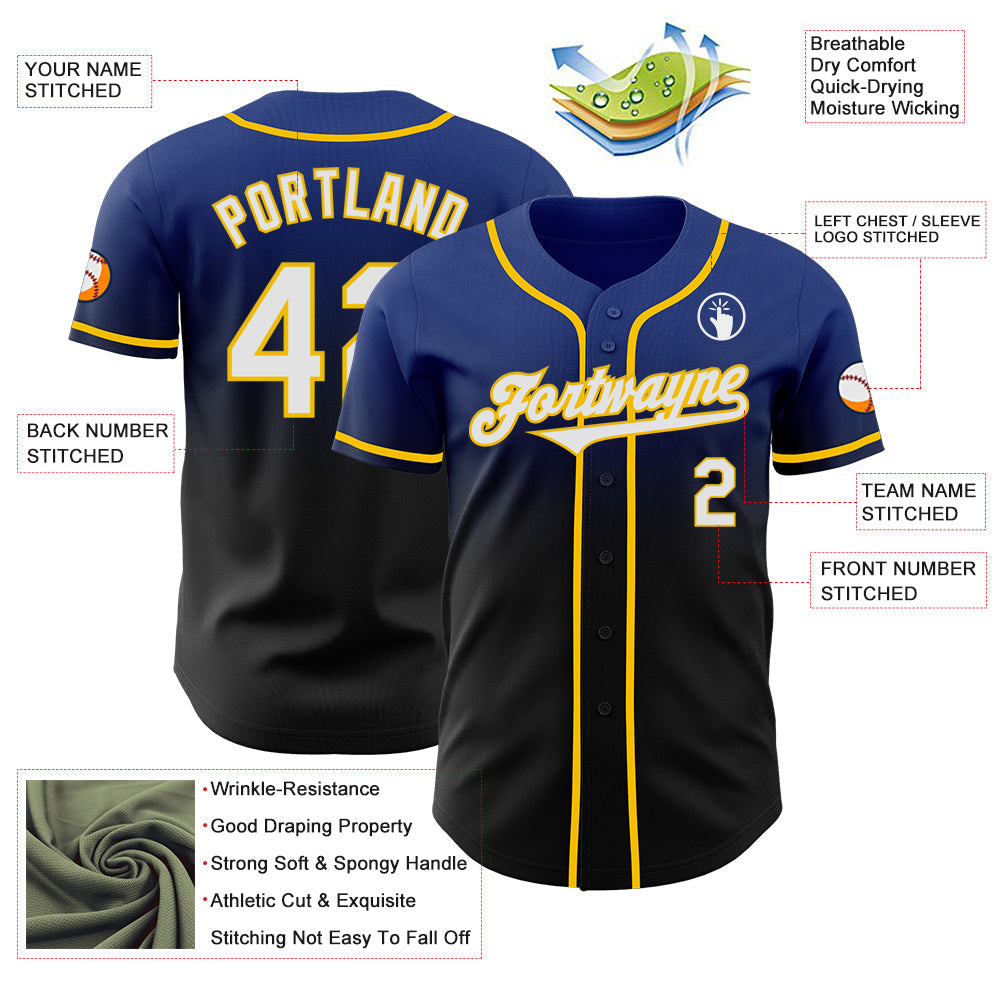 Custom Royal Black-Yellow Authentic Fade Fashion Baseball Jersey view 3