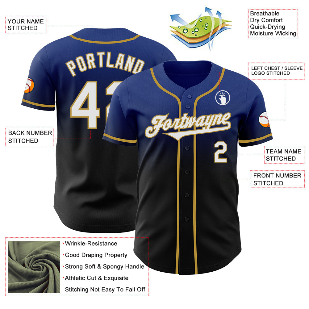 Custom Royal Black-Old Gold Authentic Fade Fashion Baseball Jersey view 3