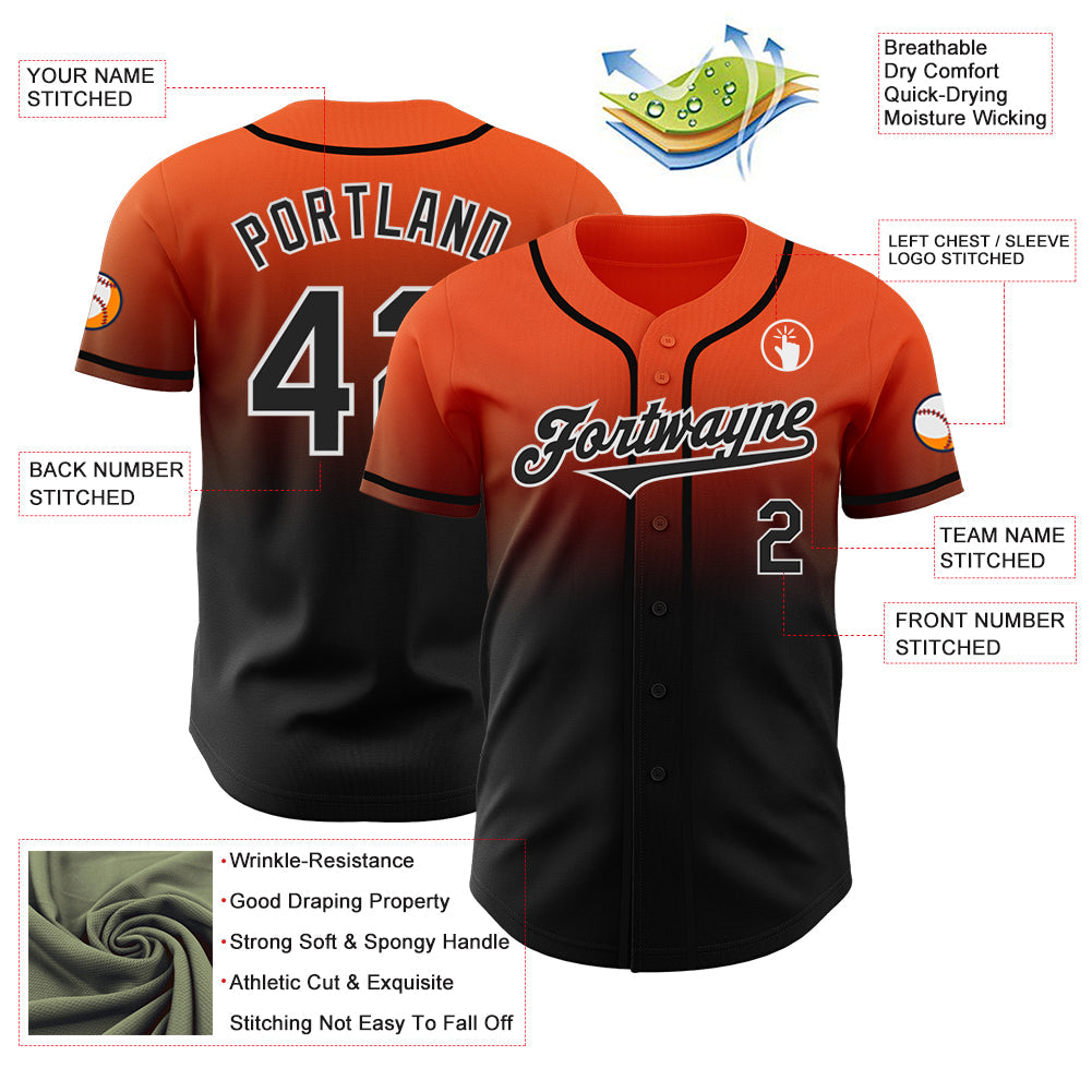 Custom Orange Black-White Authentic Fade Fashion Baseball Jersey view 3