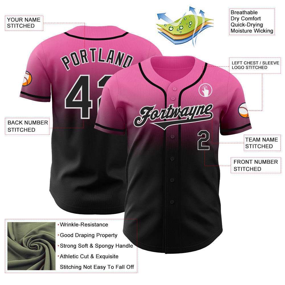 Custom Pink Black-White Authentic Fade Fashion Baseball Jersey view 3