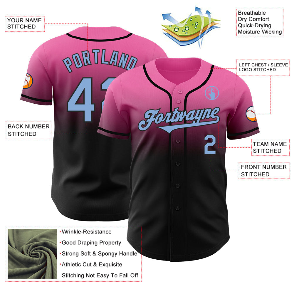 Custom Pink Light Blue-Black Authentic Fade Fashion Baseball Jersey view 3