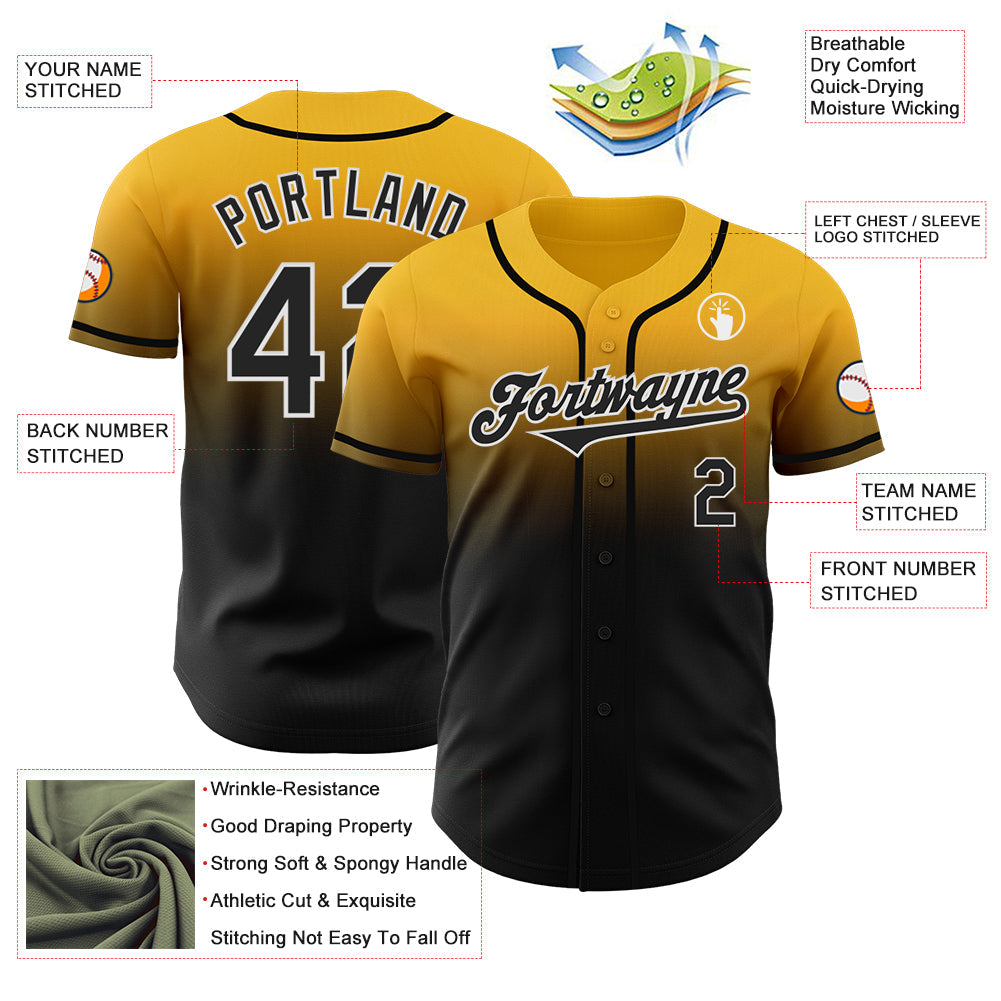 Custom Gold Black-White Authentic Fade Fashion Baseball Jersey view 3