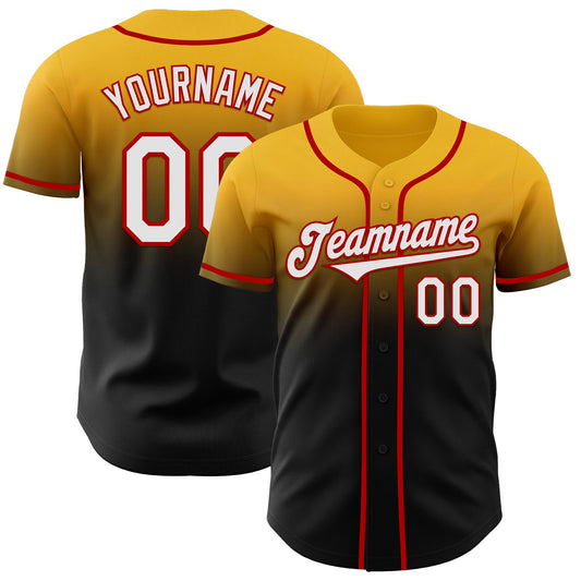Custom Gold Black-Red Authentic Fade Fashion Baseball Jersey - Main View