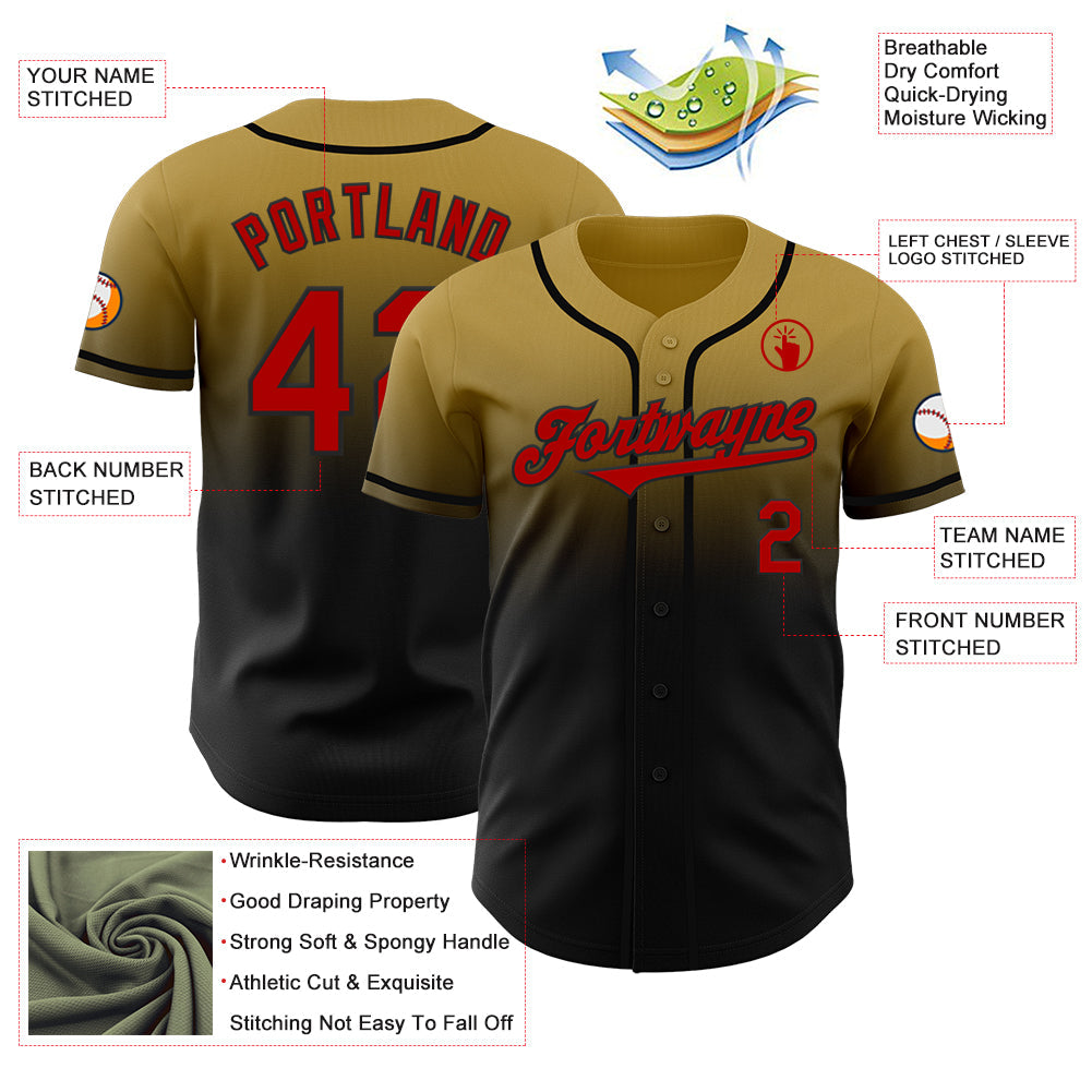 Custom Old Gold Red-Black Authentic Fade Fashion Baseball Jersey view 3