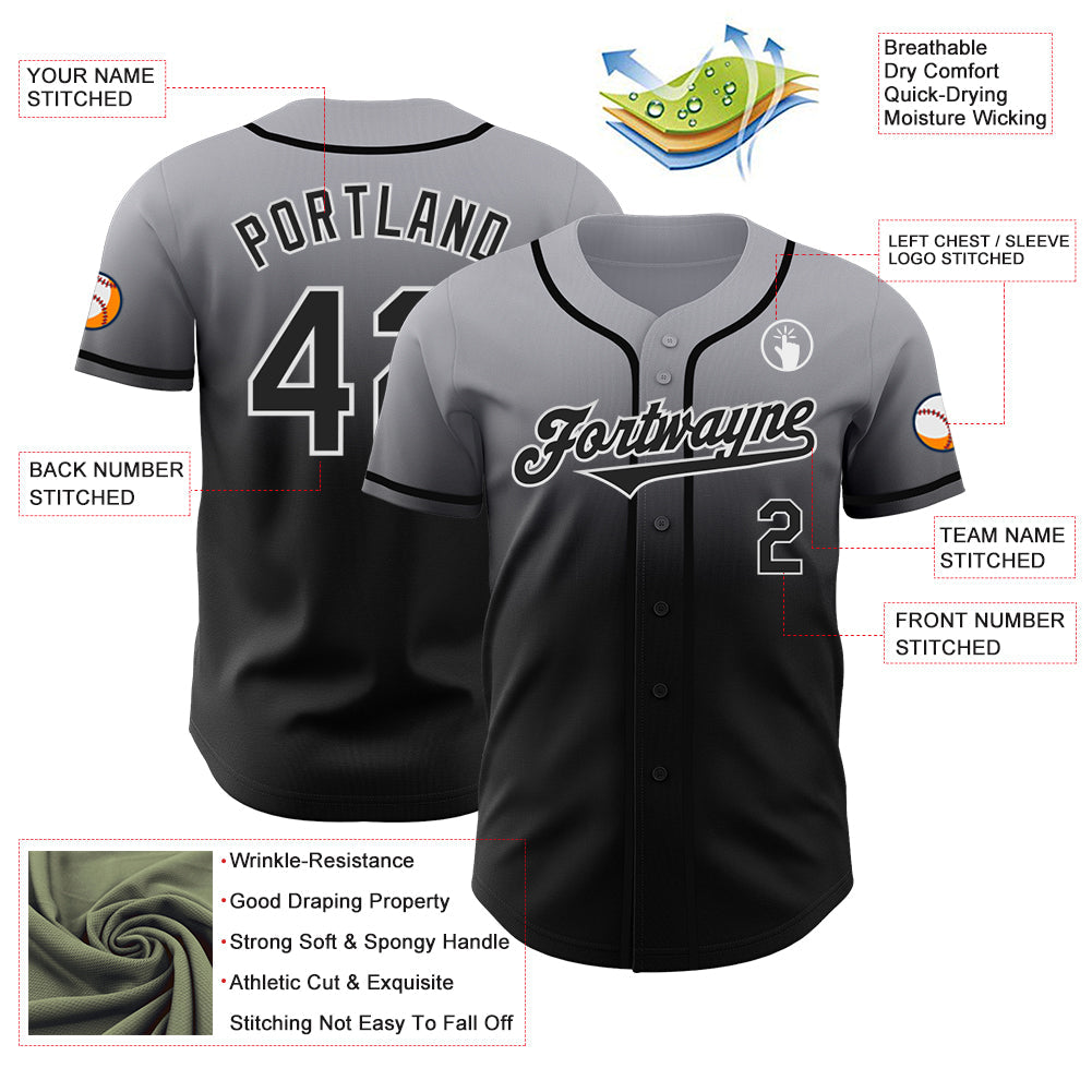 Custom Gray Black-White Authentic Fade Fashion Baseball Jersey view 3