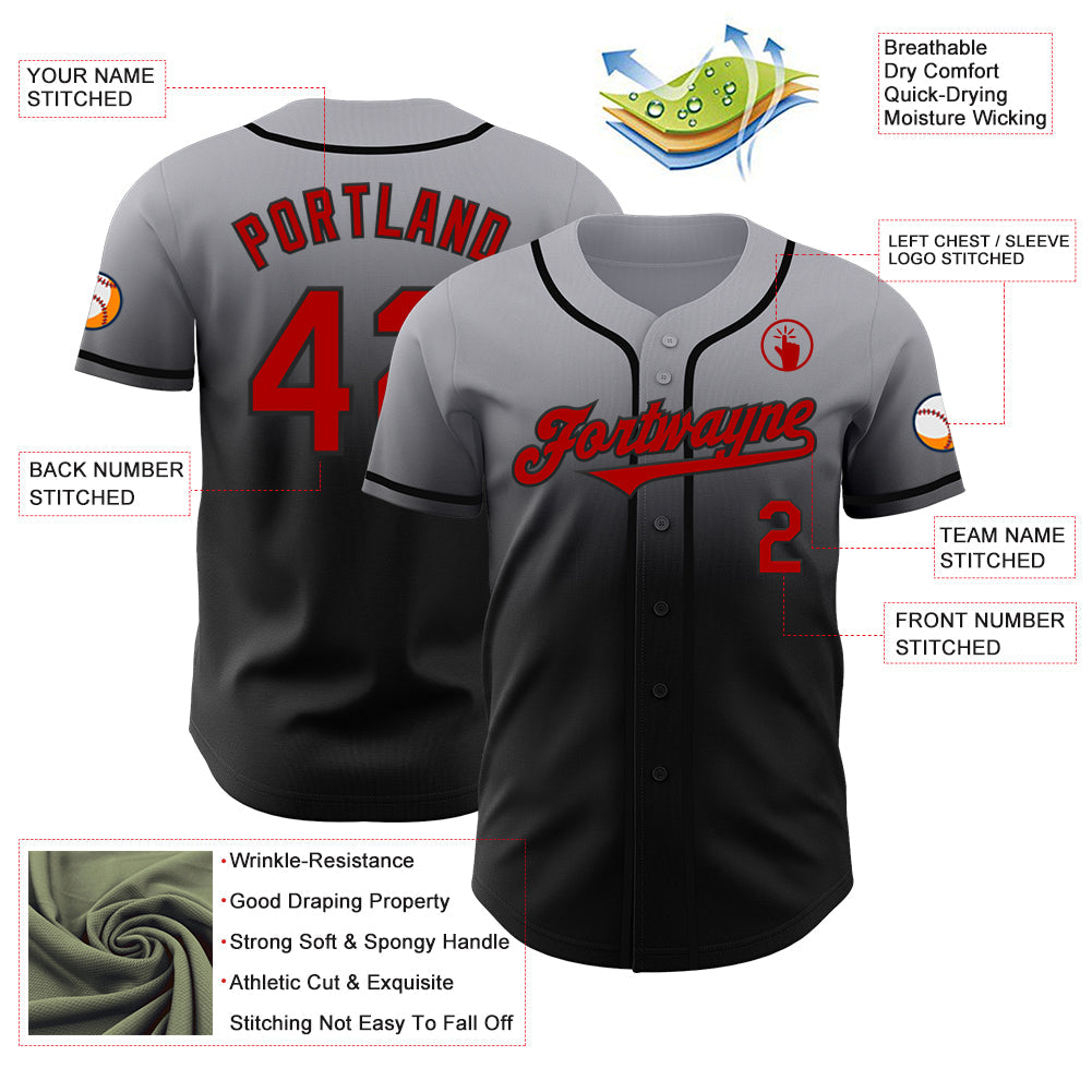 Custom Gray Red-Black Authentic Fade Fashion Baseball Jersey view 3