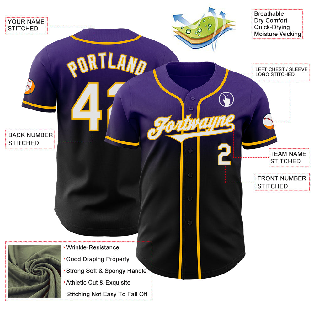 Custom Purple Black-Gold Authentic Fade Fashion Baseball Jersey view 3