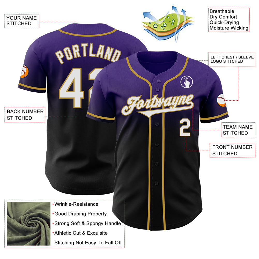 Custom Purple Black-Old Gold Authentic Fade Fashion Baseball Jersey view 3