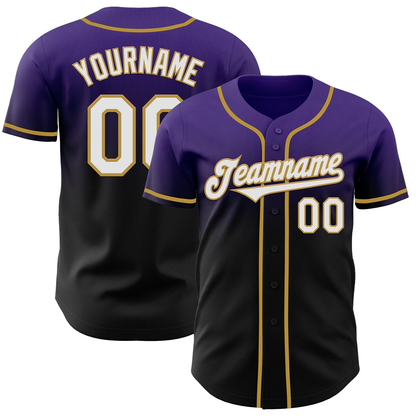 Custom Purple Black-Old Gold Authentic Fade Fashion Baseball Jersey - Main View