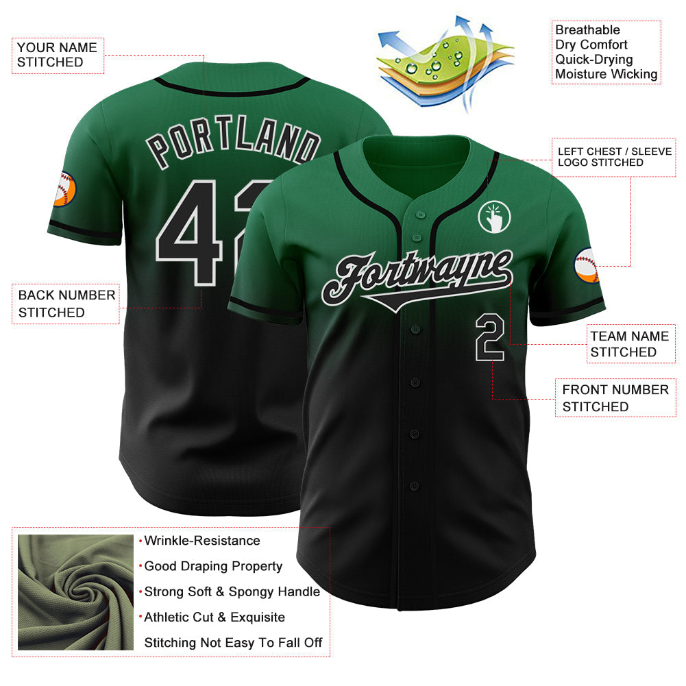 Custom Kelly Green Black-White Authentic Fade Fashion Baseball Jersey view 3