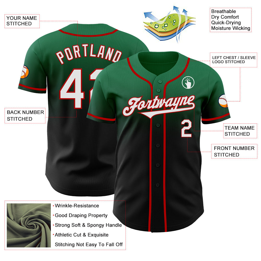 Custom Kelly Green Black-Red Authentic Fade Fashion Baseball Jersey view 3