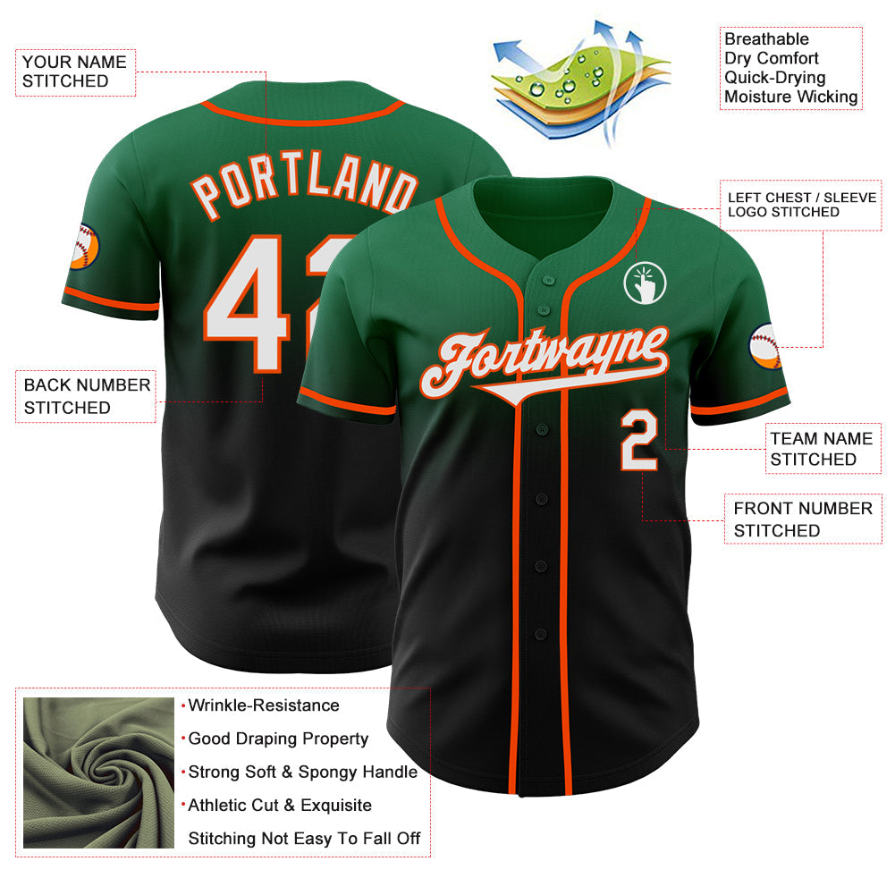 Custom Kelly Green Black-Orange Authentic Fade Fashion Baseball Jersey view 3