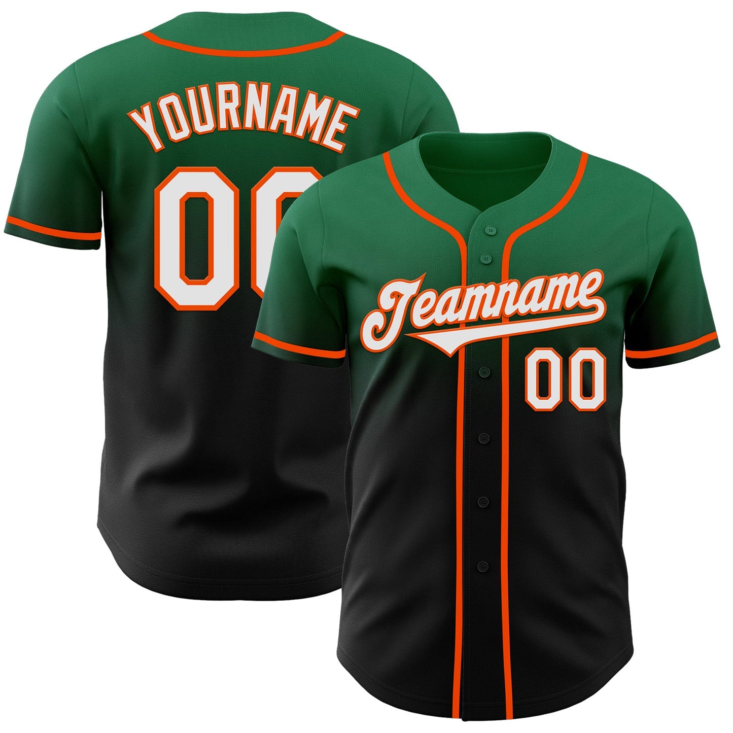 Custom Kelly Green Black-Orange Authentic Fade Fashion Baseball Jersey - Main View
