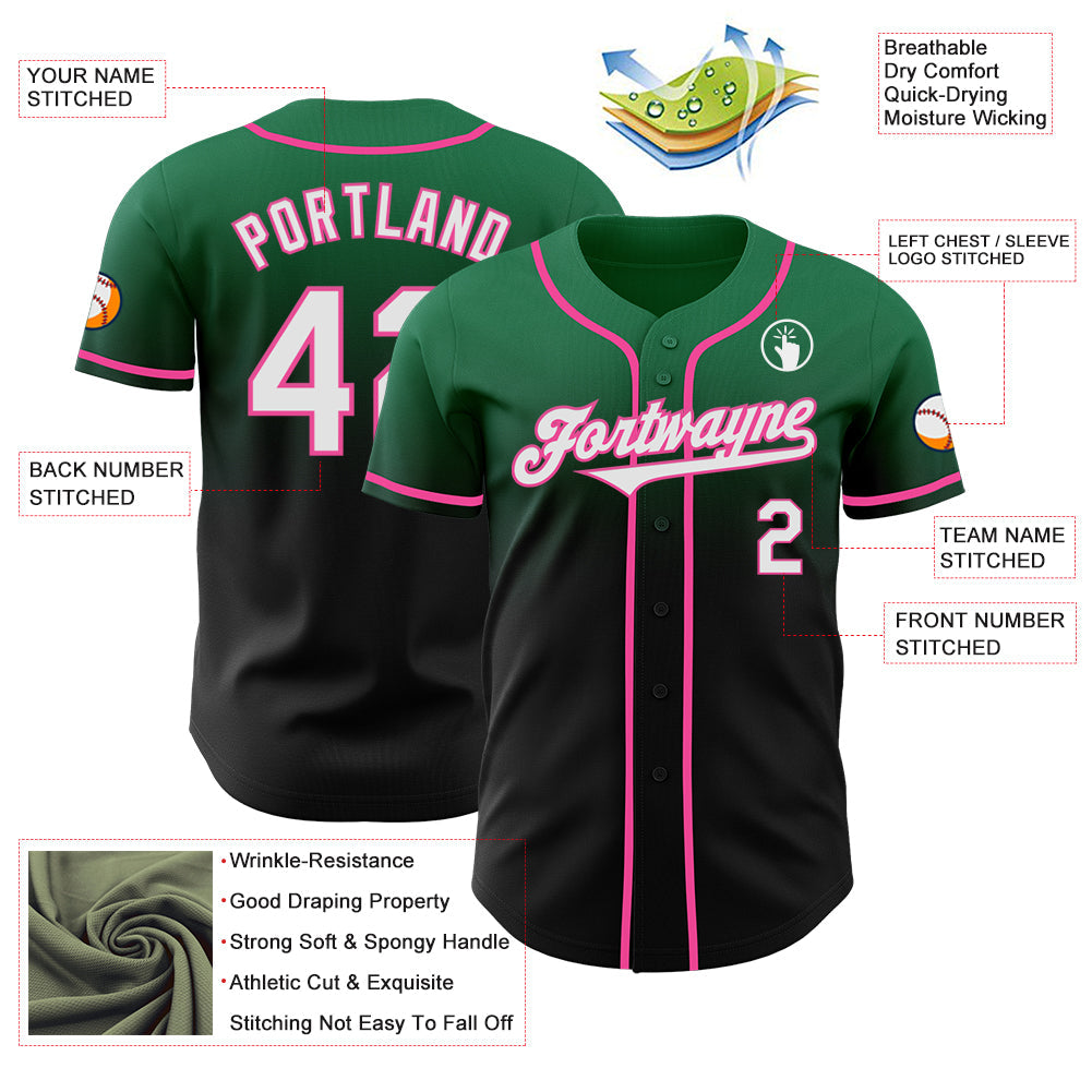 Custom Kelly Green Black-Pink Authentic Fade Fashion Baseball Jersey view 3