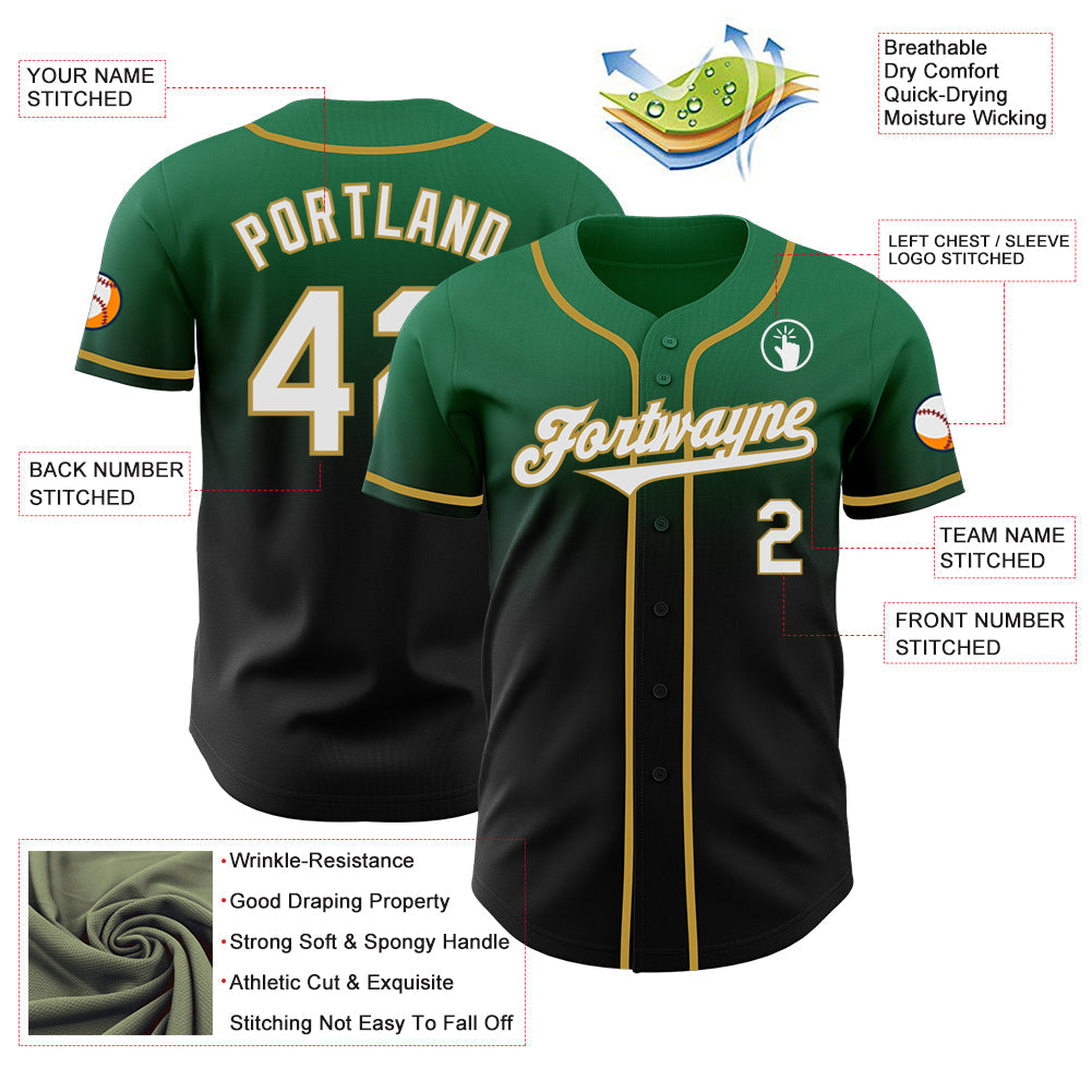 Custom Kelly Green Black-Old Gold Authentic Fade Fashion Baseball Jersey view 3