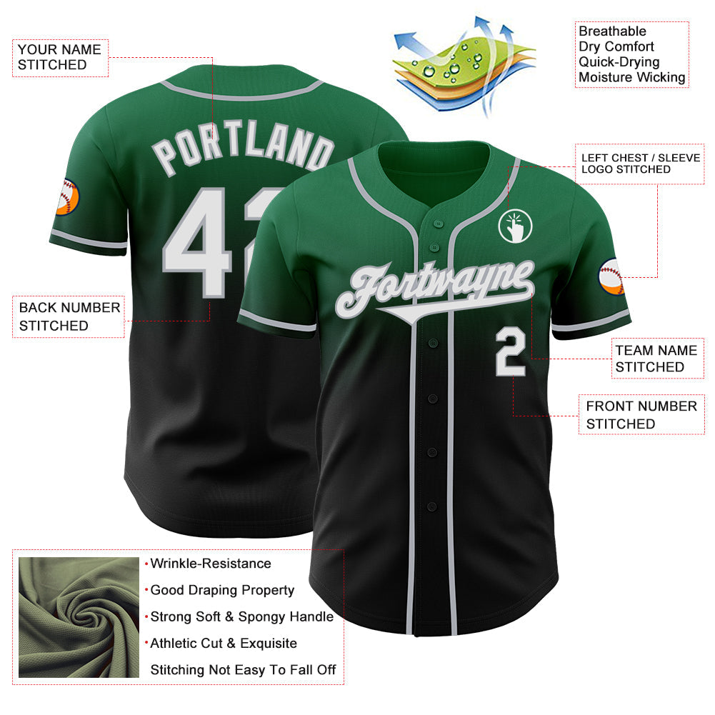 Custom Kelly Green Black-Gray Authentic Fade Fashion Baseball Jersey view 3