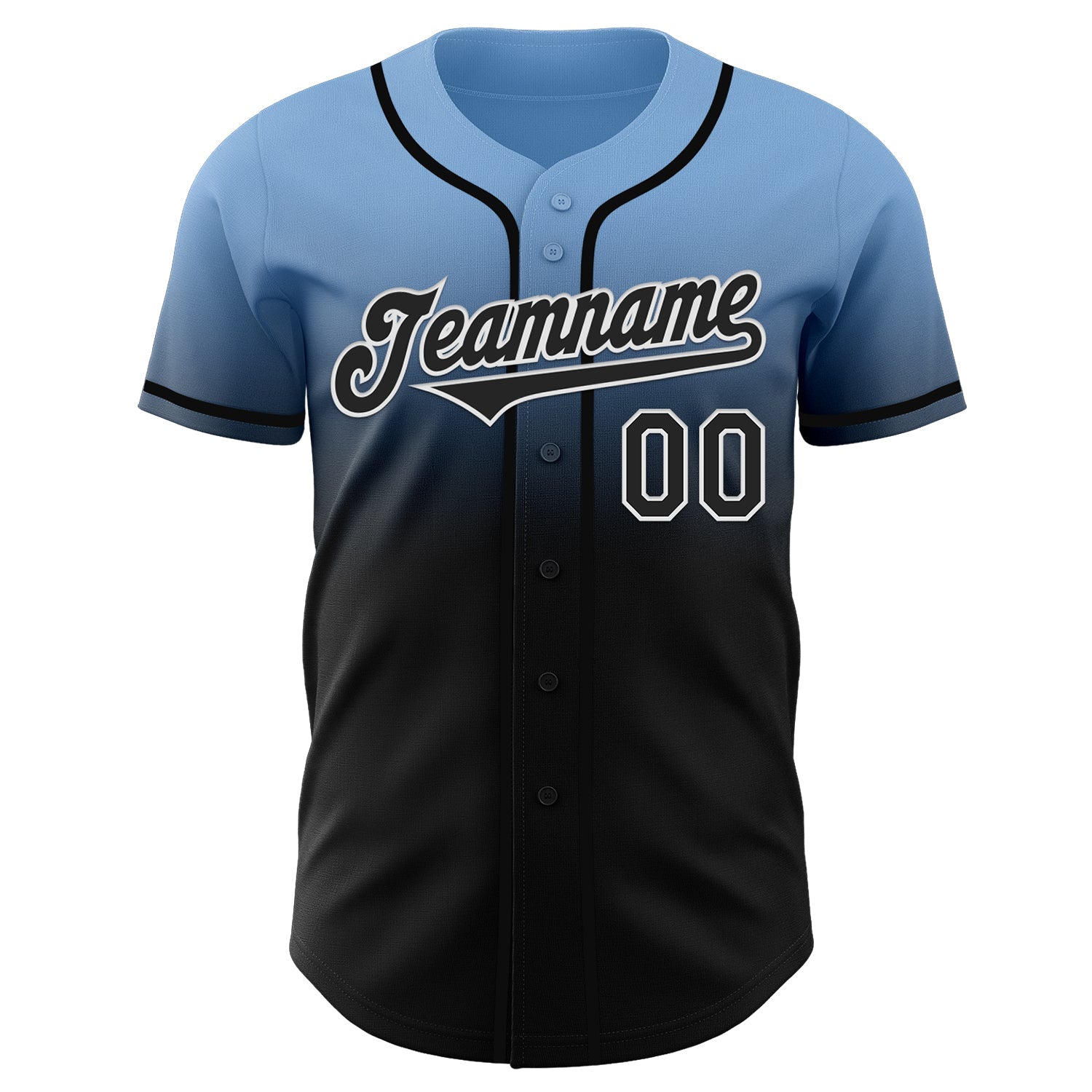 Custom Light Blue Black-White Authentic Fade Fashion Baseball Jersey view 2