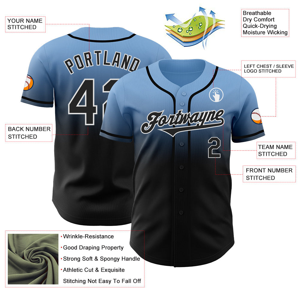 Custom Light Blue Black-White Authentic Fade Fashion Baseball Jersey view 3