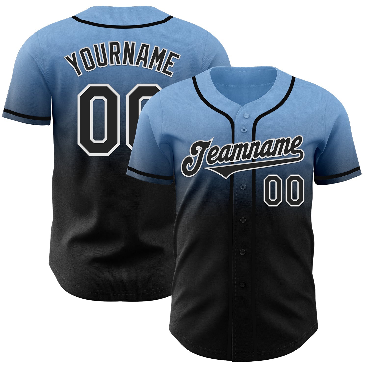 Custom Light Blue Black-White Authentic Fade Fashion Baseball Jersey - Main View