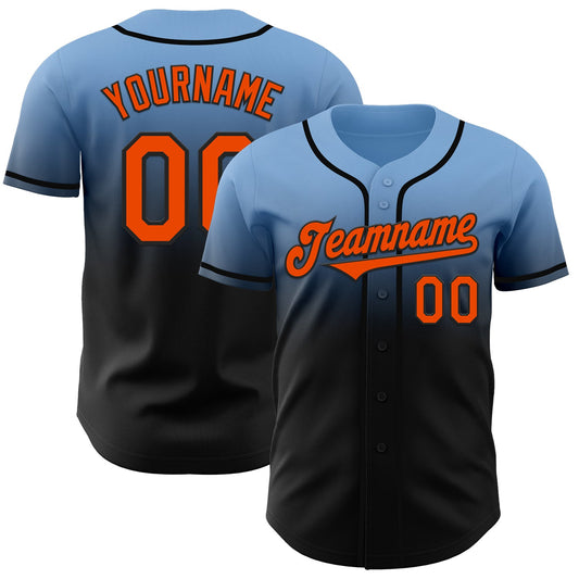 Custom Light Blue Orange-Black Authentic Fade Fashion Baseball Jersey - Main View