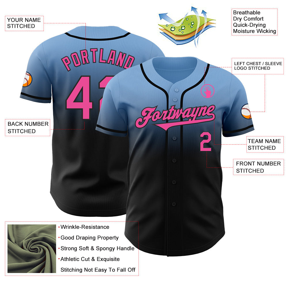 Custom Light Blue Pink-Black Authentic Fade Fashion Baseball Jersey view 3
