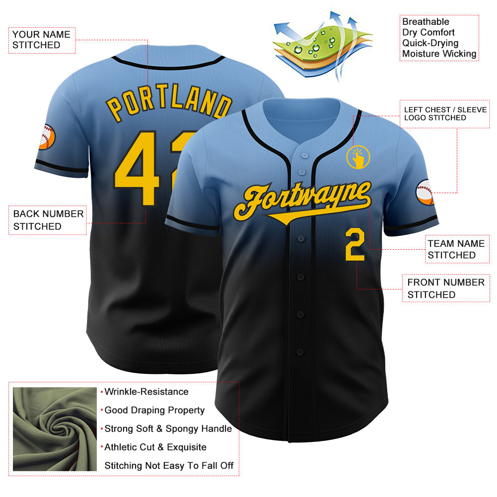 Custom Light Blue Yellow-Black Authentic Fade Fashion Baseball Jersey view 3