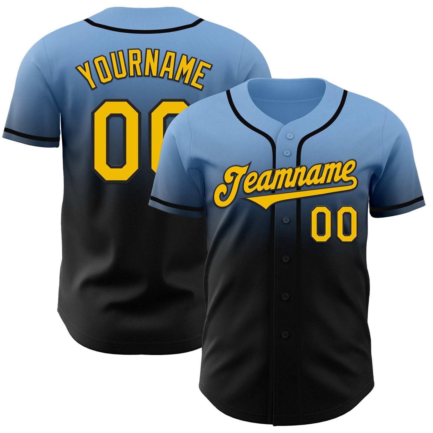 Custom Light Blue Yellow-Black Authentic Fade Fashion Baseball Jersey - Main View