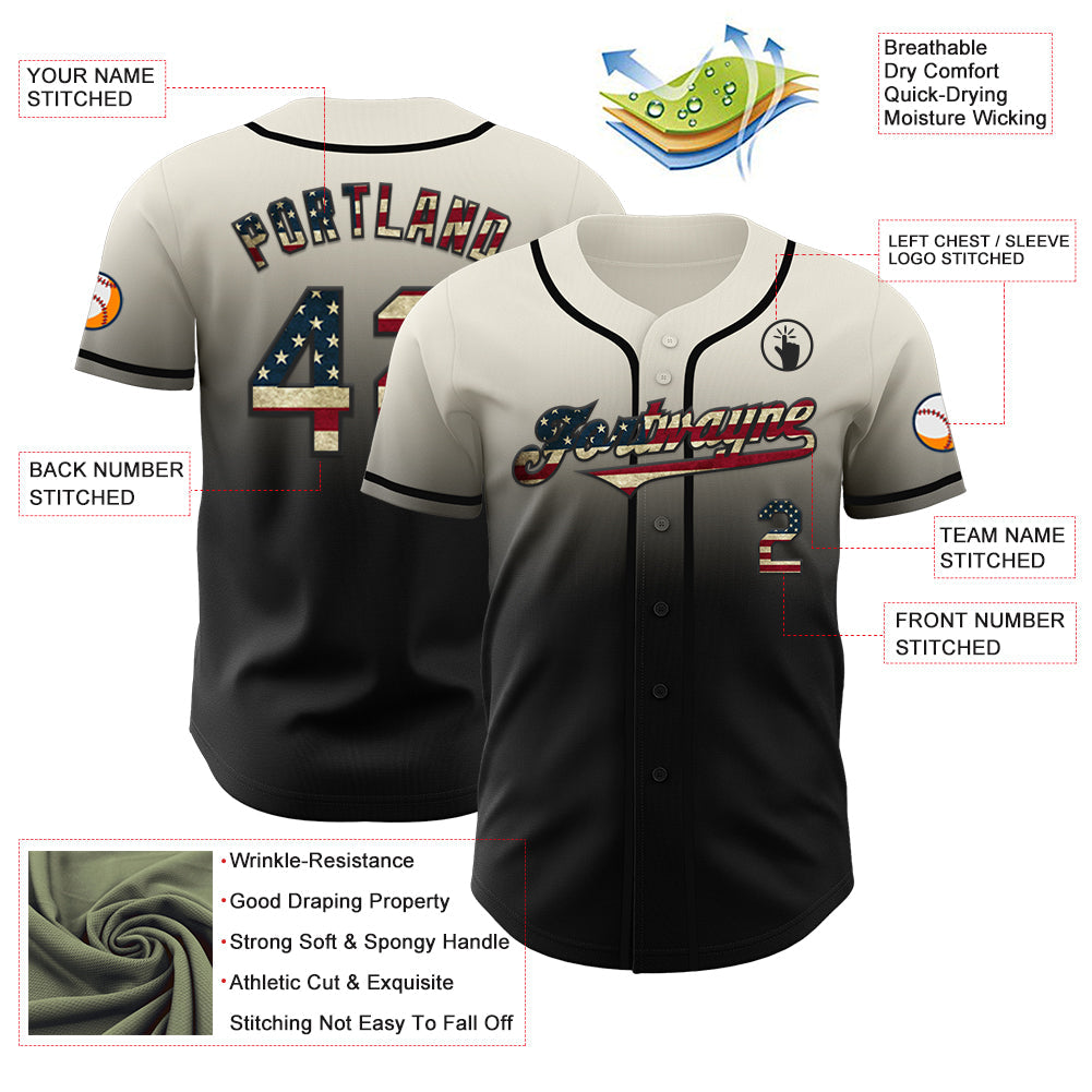Custom Cream Vintage USA Flag-Black Authentic Fade Fashion Baseball Jersey view 3