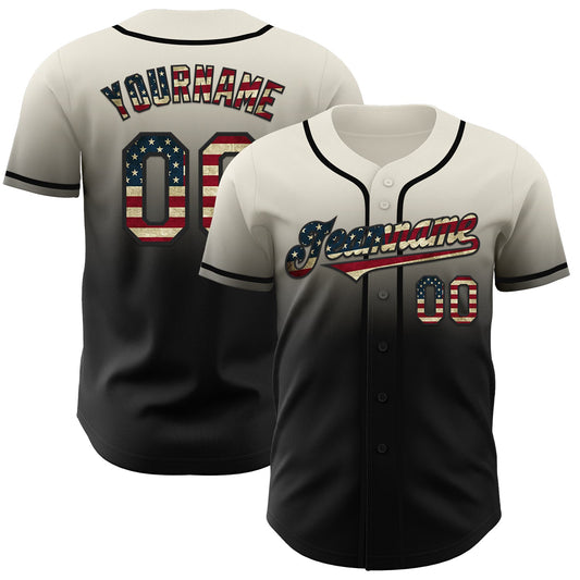 Custom Cream Vintage USA Flag-Black Authentic Fade Fashion Baseball Jersey - Main View