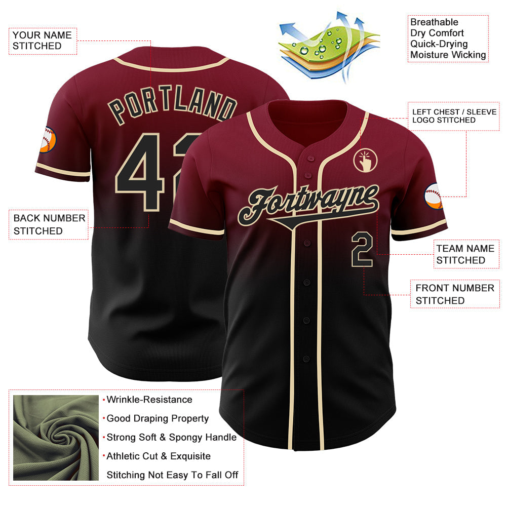 Custom Crimson Black-Cream Authentic Fade Fashion Baseball Jersey view 3
