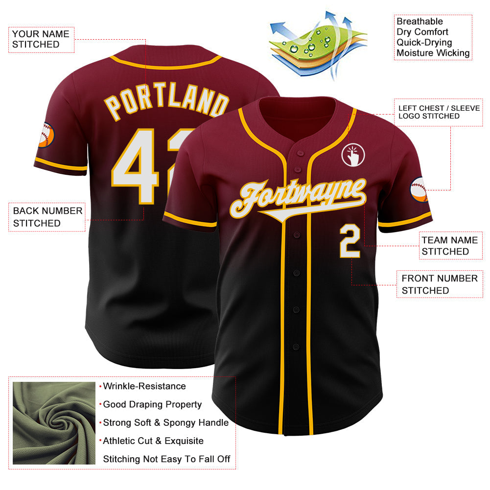 Custom Crimson Black-Gold Authentic Fade Fashion Baseball Jersey view 3