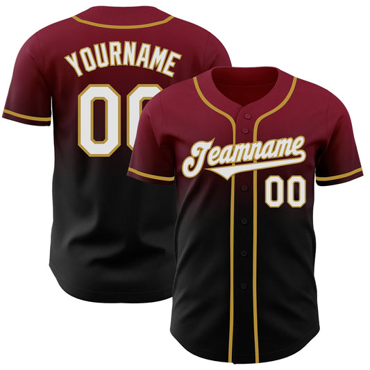 Custom Crimson Black-Old Gold Authentic Fade Fashion Baseball Jersey - Main View
