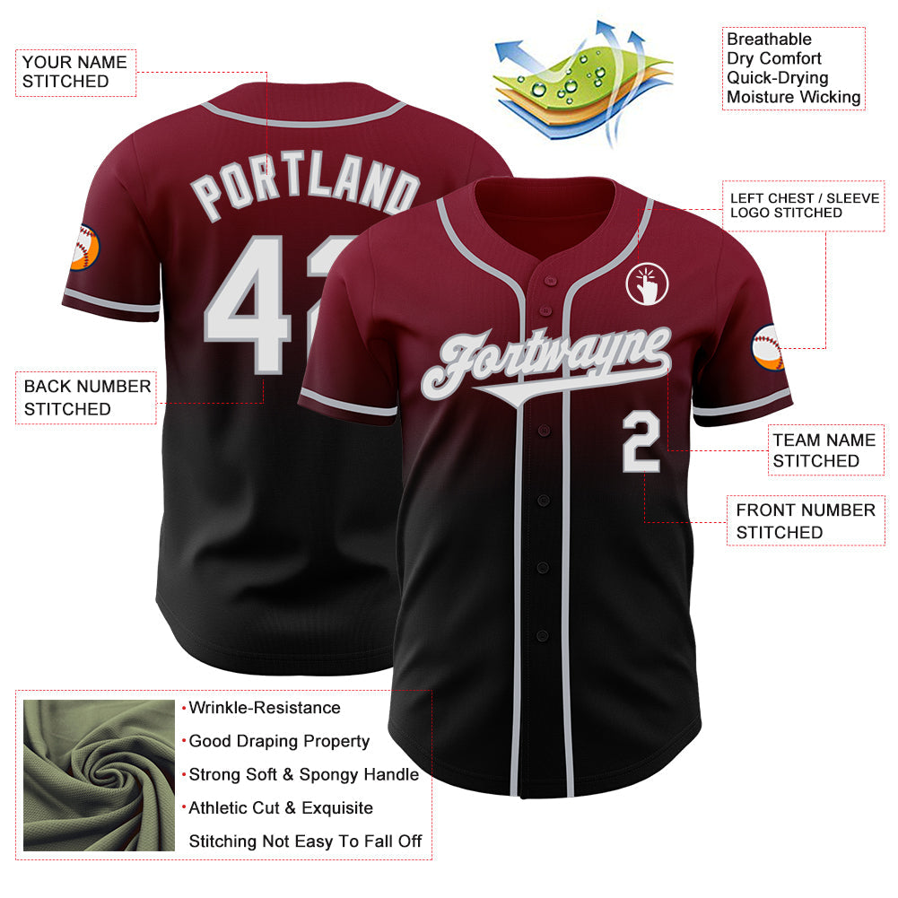 Custom Crimson Black-Gray Authentic Fade Fashion Baseball Jersey view 3