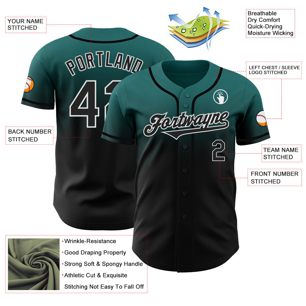 Custom Teal Black-White Authentic Fade Fashion Baseball Jersey view 3