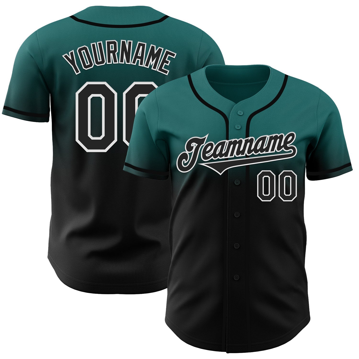 Custom Teal Black-White Authentic Fade Fashion Baseball Jersey - Main View