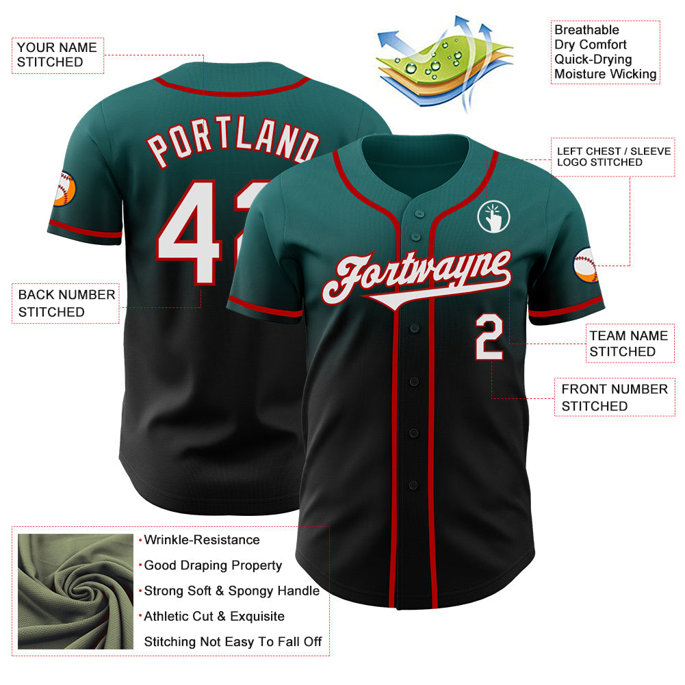 Custom Teal Black-Red Authentic Fade Fashion Baseball Jersey view 3