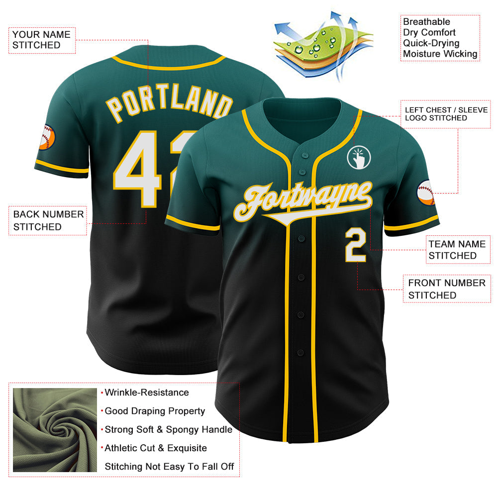 Custom Teal Black-Yellow Authentic Fade Fashion Baseball Jersey view 3