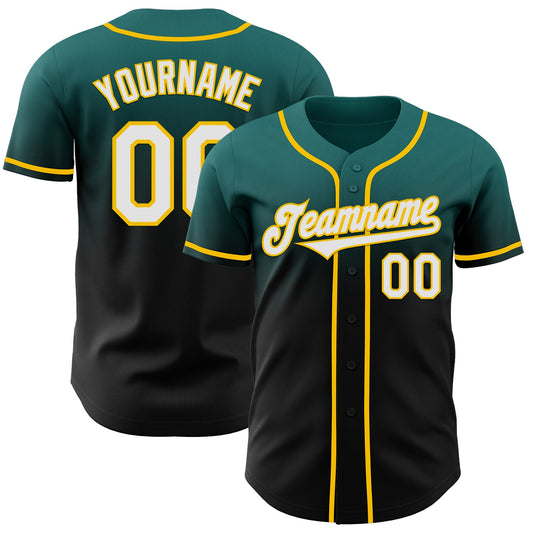 Custom Teal Black-Yellow Authentic Fade Fashion Baseball Jersey - Main View
