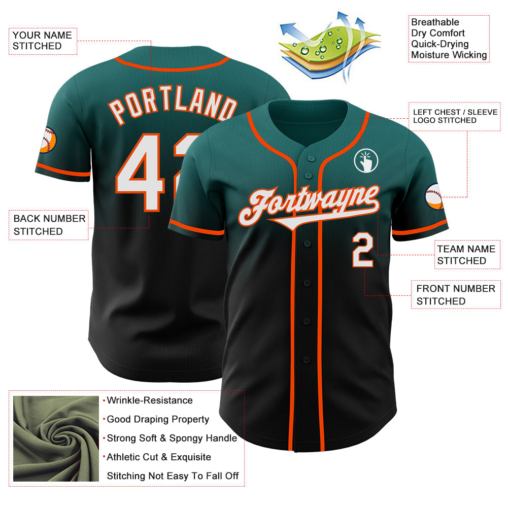 Custom Teal Black-Orange Authentic Fade Fashion Baseball Jersey view 3