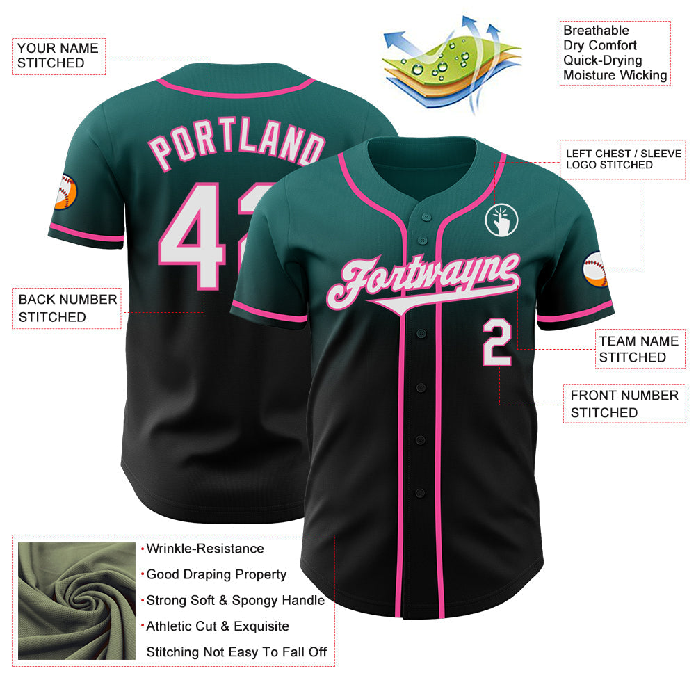 Custom Teal Black-Pink Authentic Fade Fashion Baseball Jersey view 3