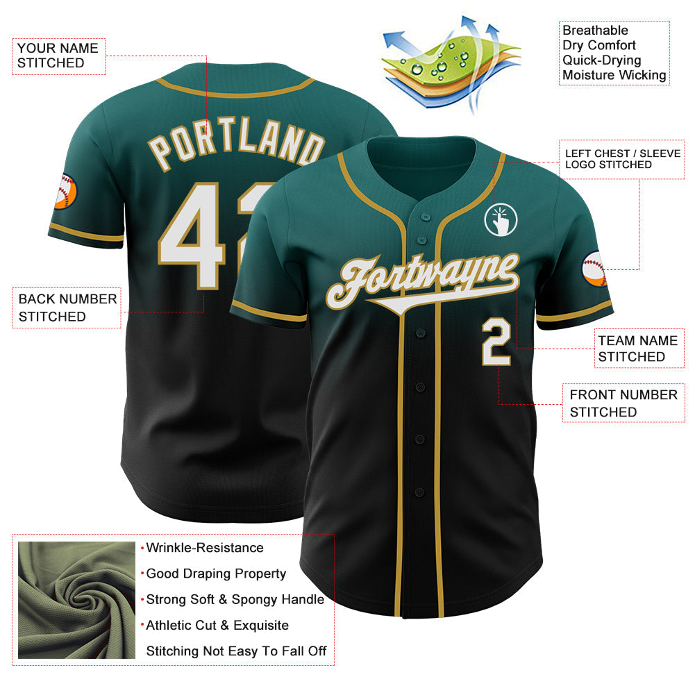 Custom Teal Black-Old Gold Authentic Fade Fashion Baseball Jersey view 3