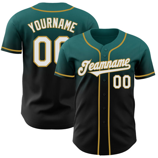 Custom Teal Black-Old Gold Authentic Fade Fashion Baseball Jersey - Main View