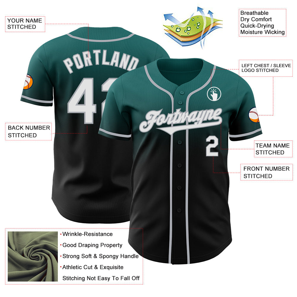 Custom Teal Black-Gray Authentic Fade Fashion Baseball Jersey view 3