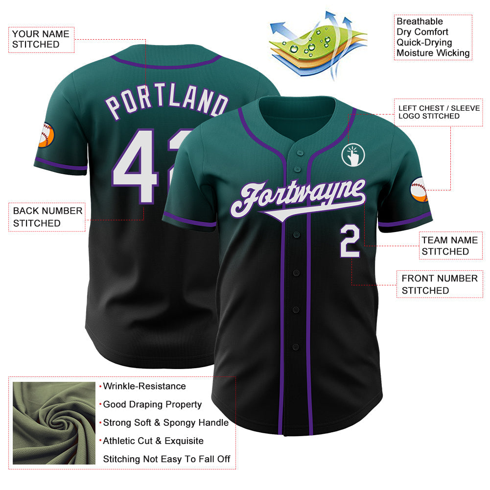Custom Teal Black-Purple Authentic Fade Fashion Baseball Jersey view 3