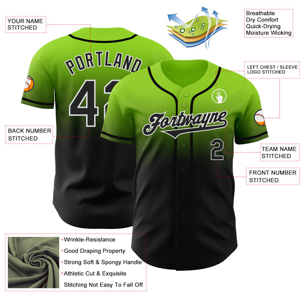 Custom Neon Green Black-White Authentic Fade Fashion Baseball Jersey view 3