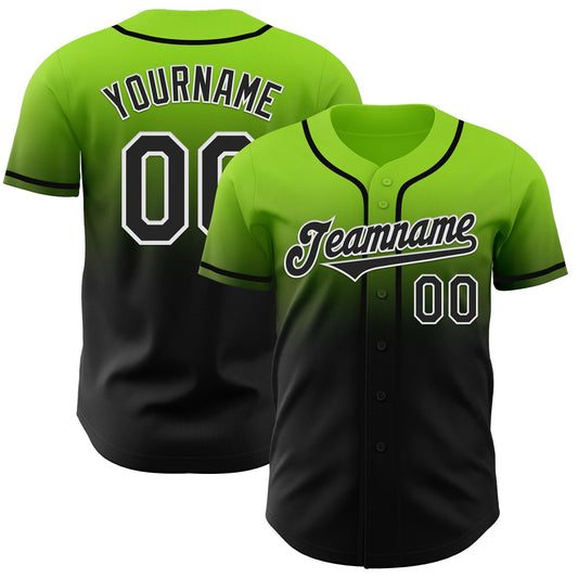 Custom Neon Green Black-White Authentic Fade Fashion Baseball Jersey - Main View