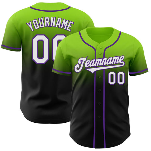 Custom Neon Green Black-Purple Authentic Fade Fashion Baseball Jersey - Main View