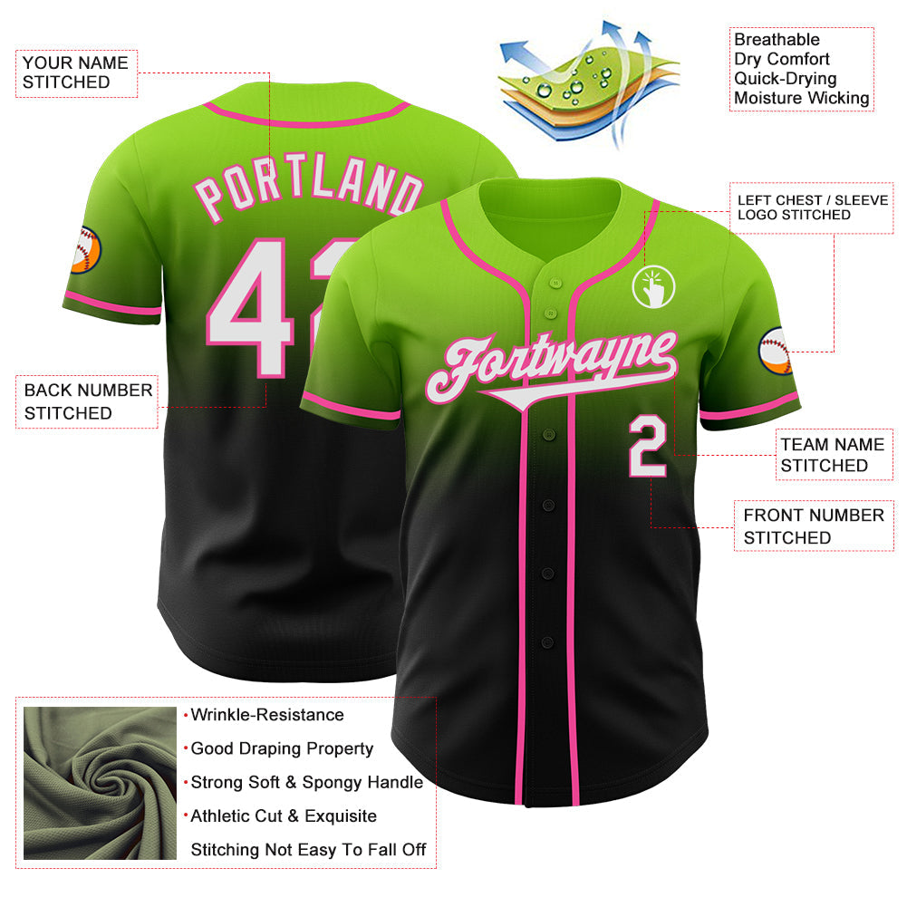 Custom Neon Green Black-Pink Authentic Fade Fashion Baseball Jersey view 3