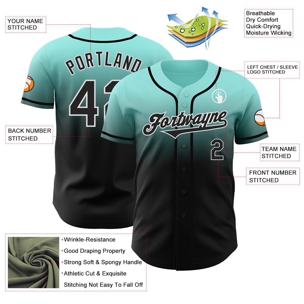 Custom Ice Blue Black-White Authentic Fade Fashion Baseball Jersey view 3