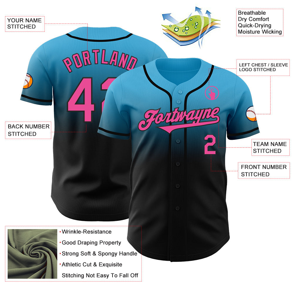 Custom Sky Blue Pink-Black Authentic Fade Fashion Baseball Jersey view 3